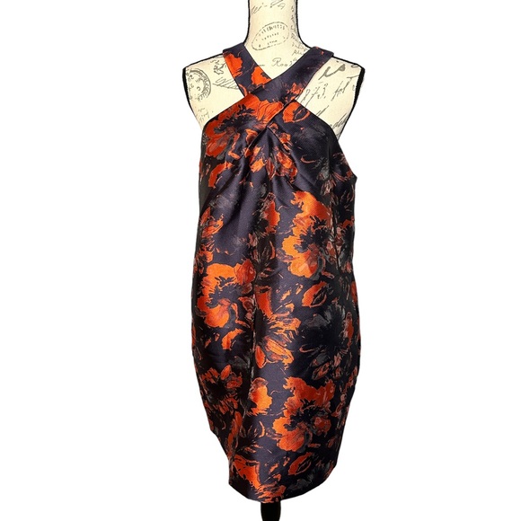 TRINA TURK Women's Red Navy Floral Tatia Criss Cross Neck Jacquard Dress size 12 - Picture 2 of 3